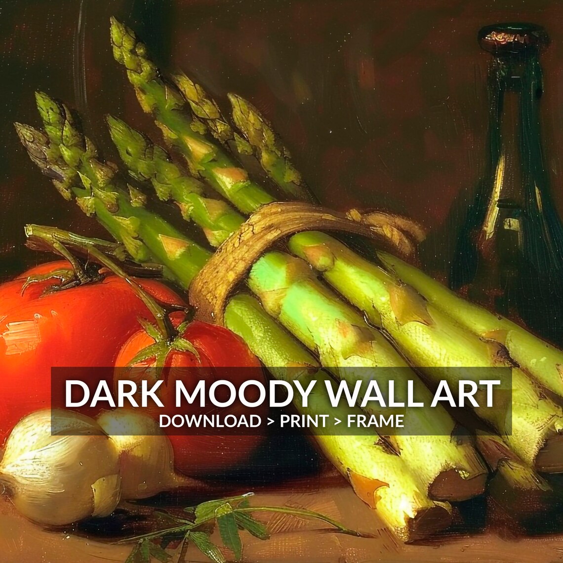 Asparagus Tomatoes Garlic Still Life Dark Oil Painting Kitchen Poster - Image 5