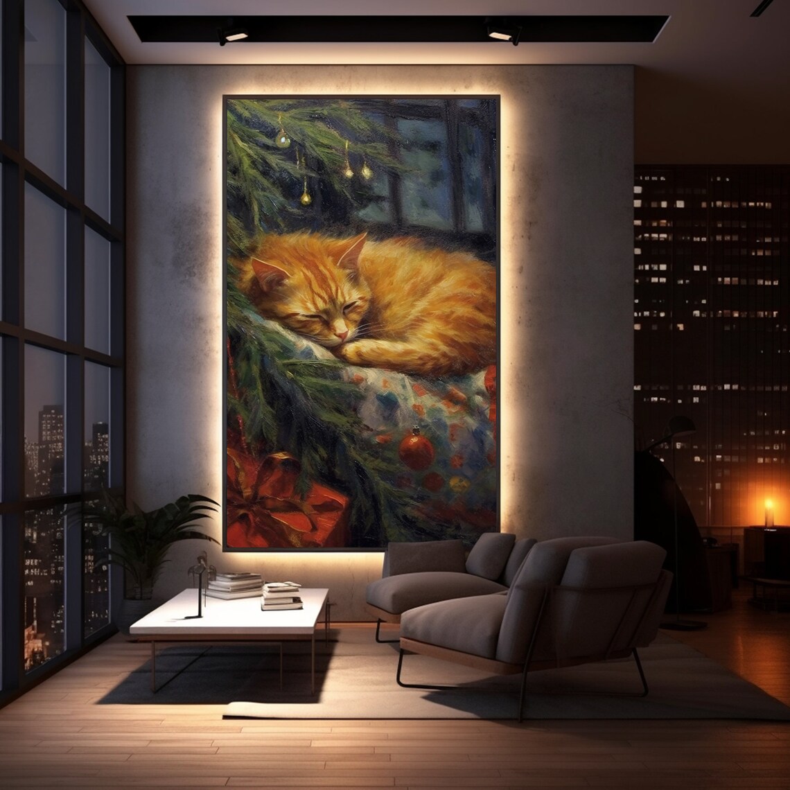 Sleeping Cat Painting, Vintage Christmas Art Print - Image 5