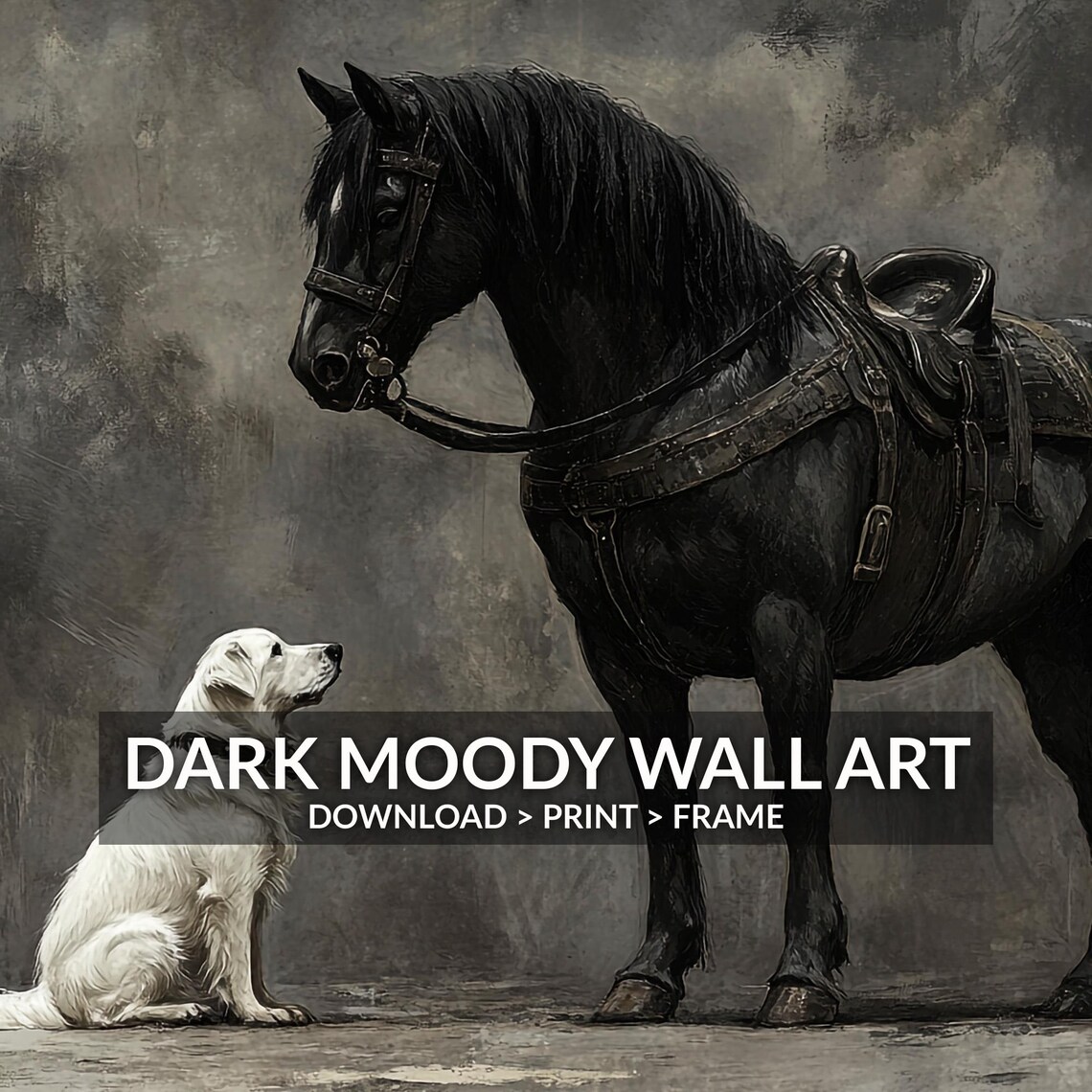 Black Horse And White Dog Vintage Dark Moody Animal Wall Art - Image 6