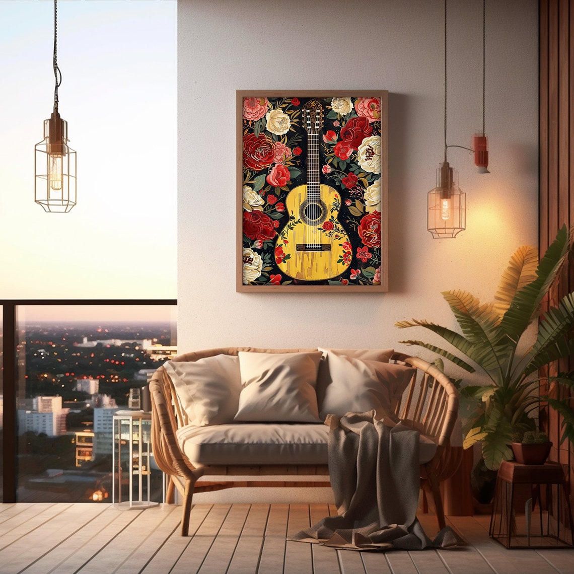 Classical Guitar Red Roses Dark Floral Music Painting Poster - Image 2