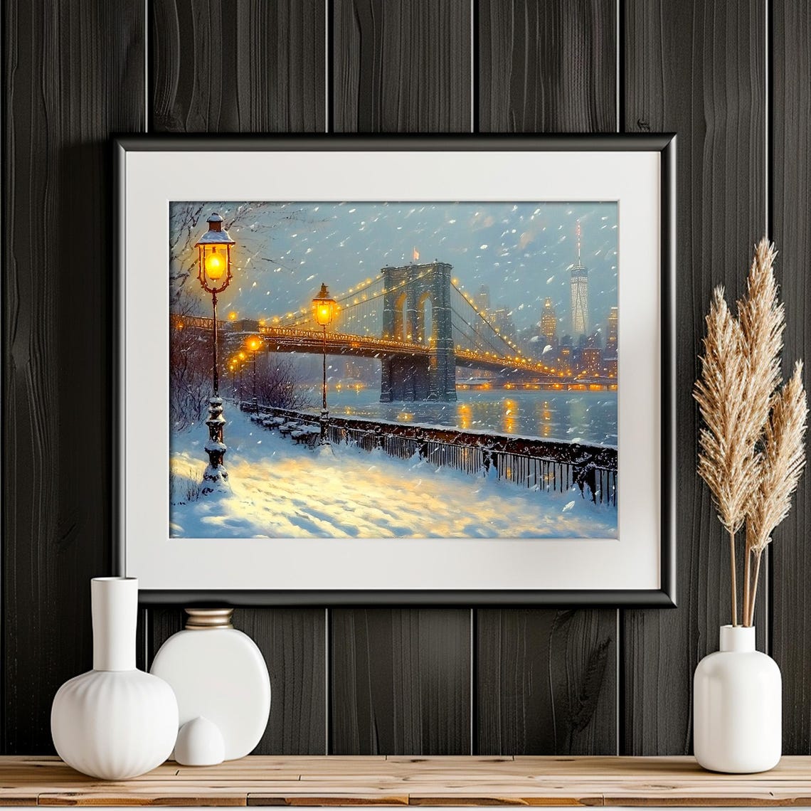Brooklyn Bridge Snowy Riverside Promenade Winter Dawn Poster - Image 2