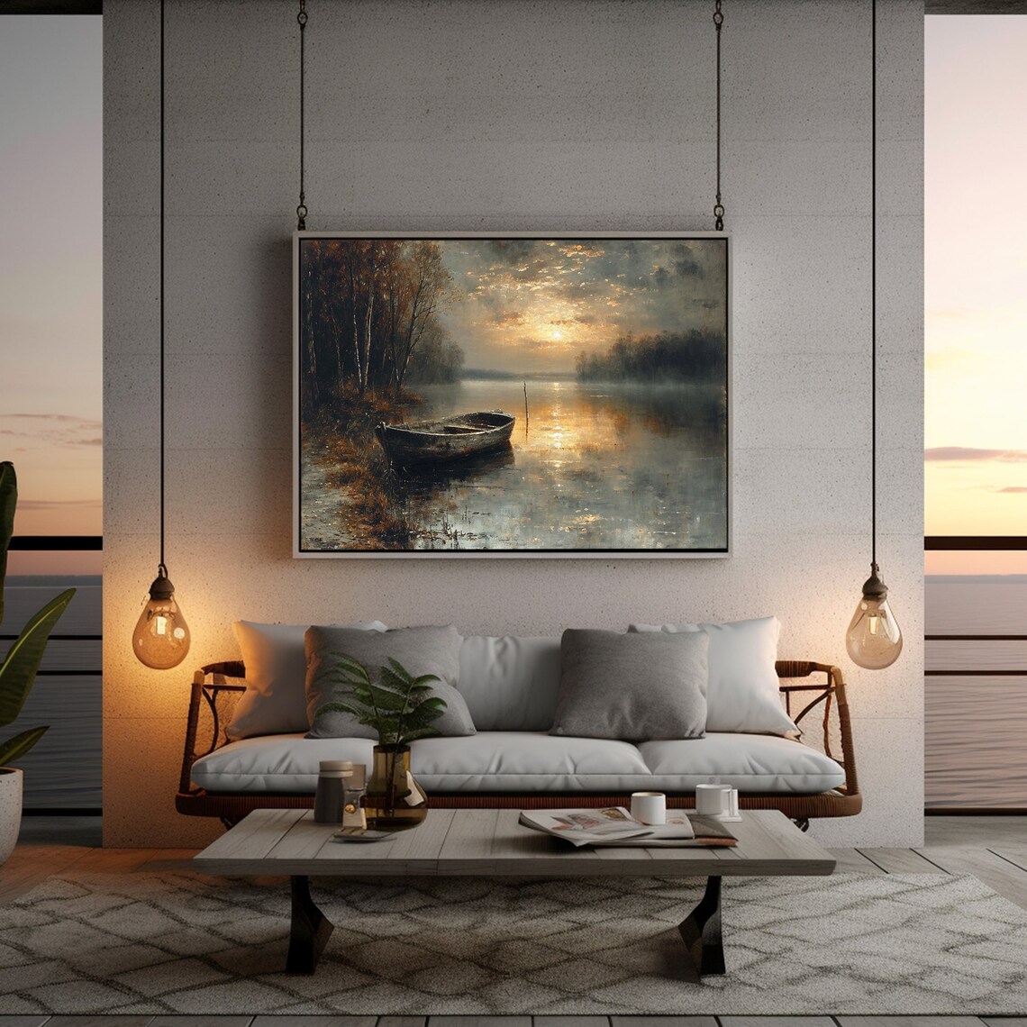 Rowboat Foggy Lake Sunrise Misty Golden Water Landscape Poster - Image 4
