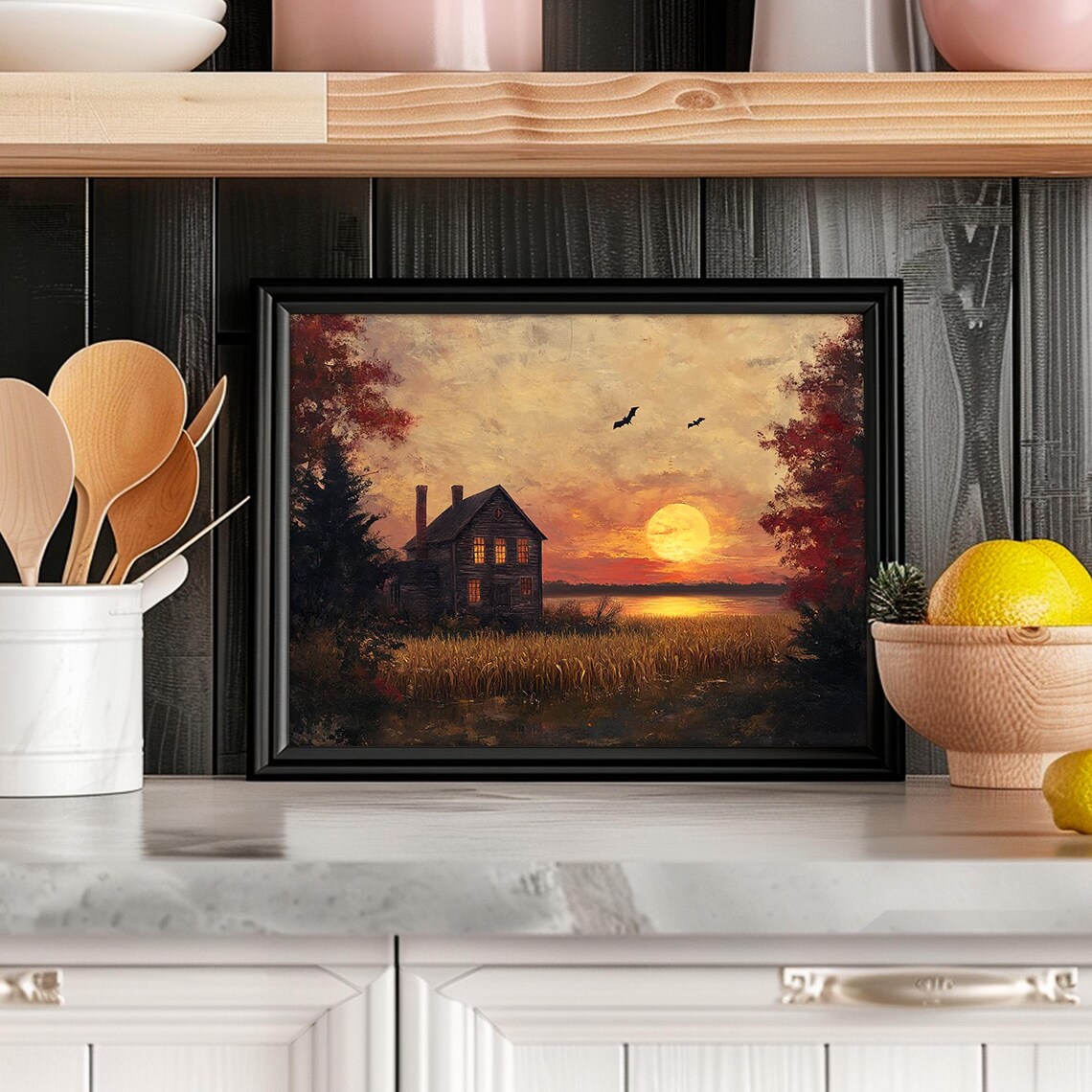 Halloween Haunted House Red Sunset Bats Lake Spooky Moody Painting Poster - Image 4