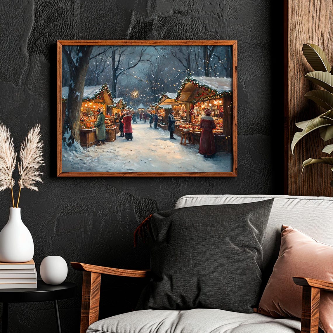Snowy Park Christmas Market Stalls Evening Shoppers Painting Poster - Image 6