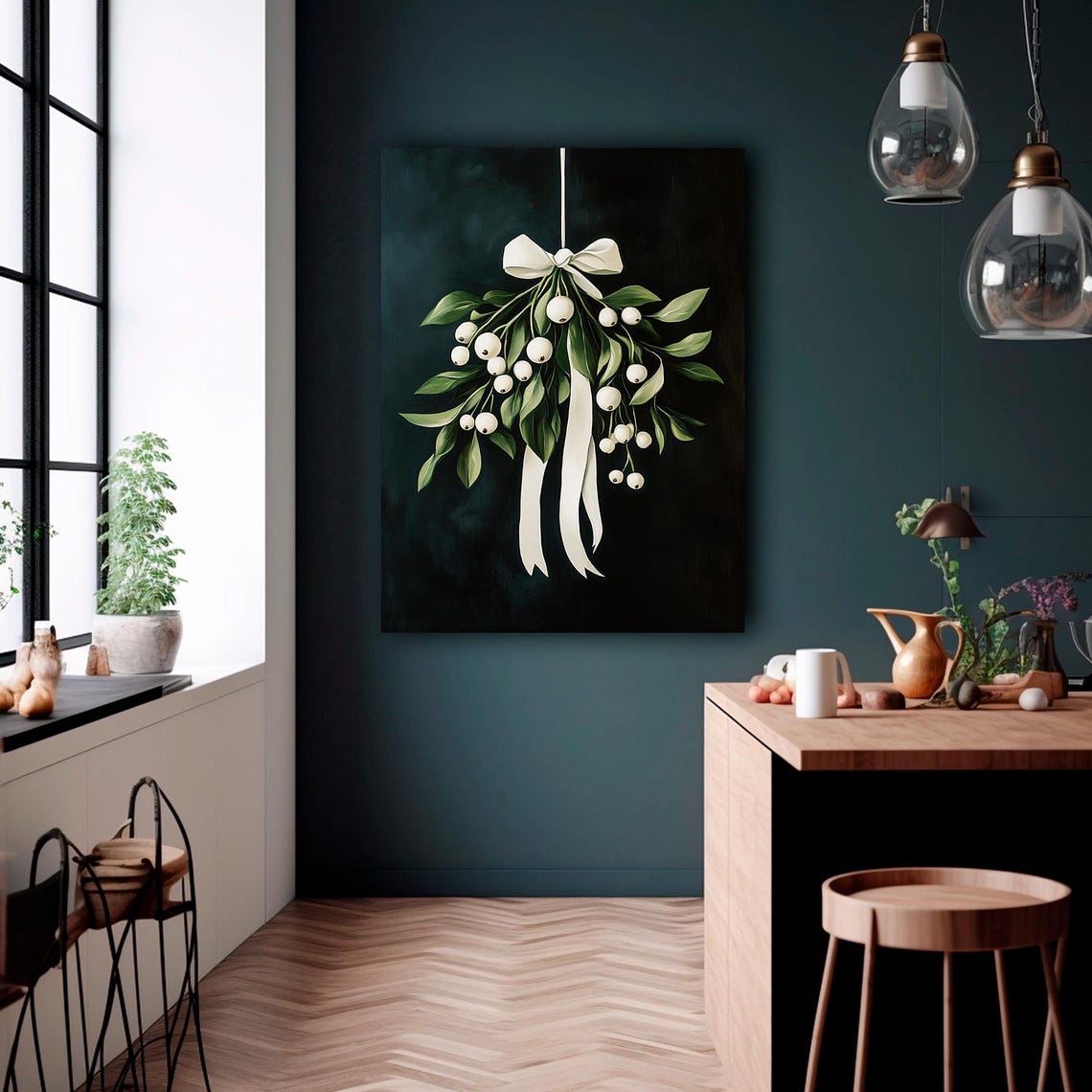Vintage Mistletoe With White Berries And Bow Dark Botanical Wall Art - Image 4