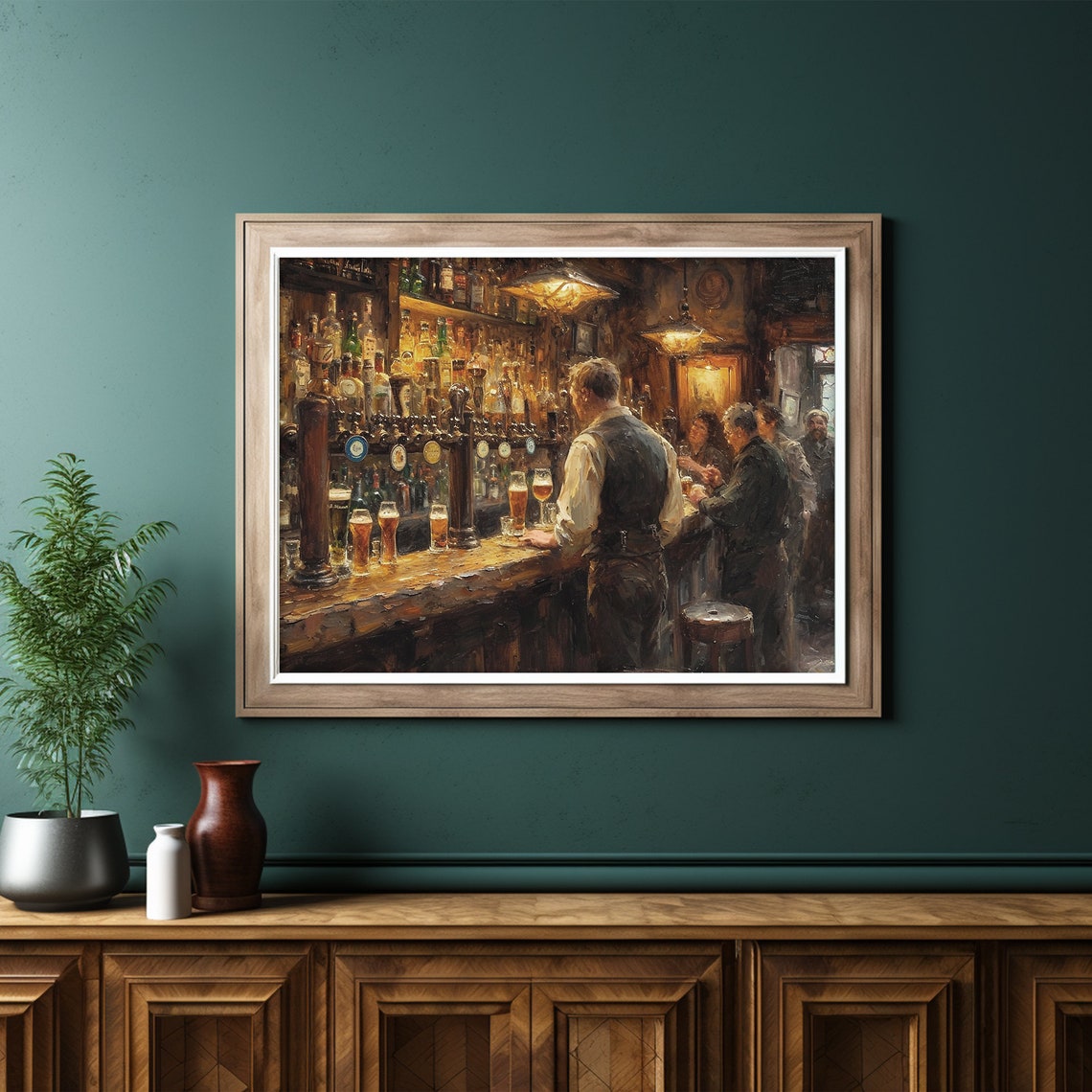 Moody St Patricks Day Prints People In Irish Pub Art Dark Irish Wall Decor Cottagecore Painting - Image 6