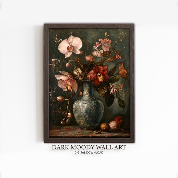 Dark Orchid Print Dark Moody Flower Wall Art Floral Dark Academia Decor Botanical Dark Cottagecore Home Decor