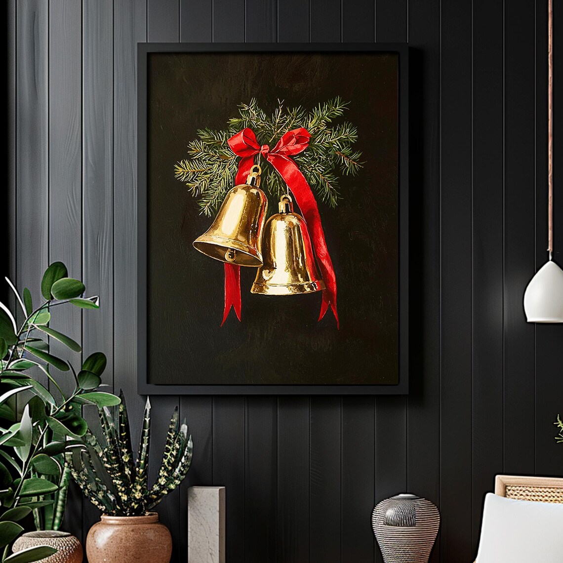Vintage Gold Christmas Bells With Red Ribbon Pine Holiday Wall Art - Image 2