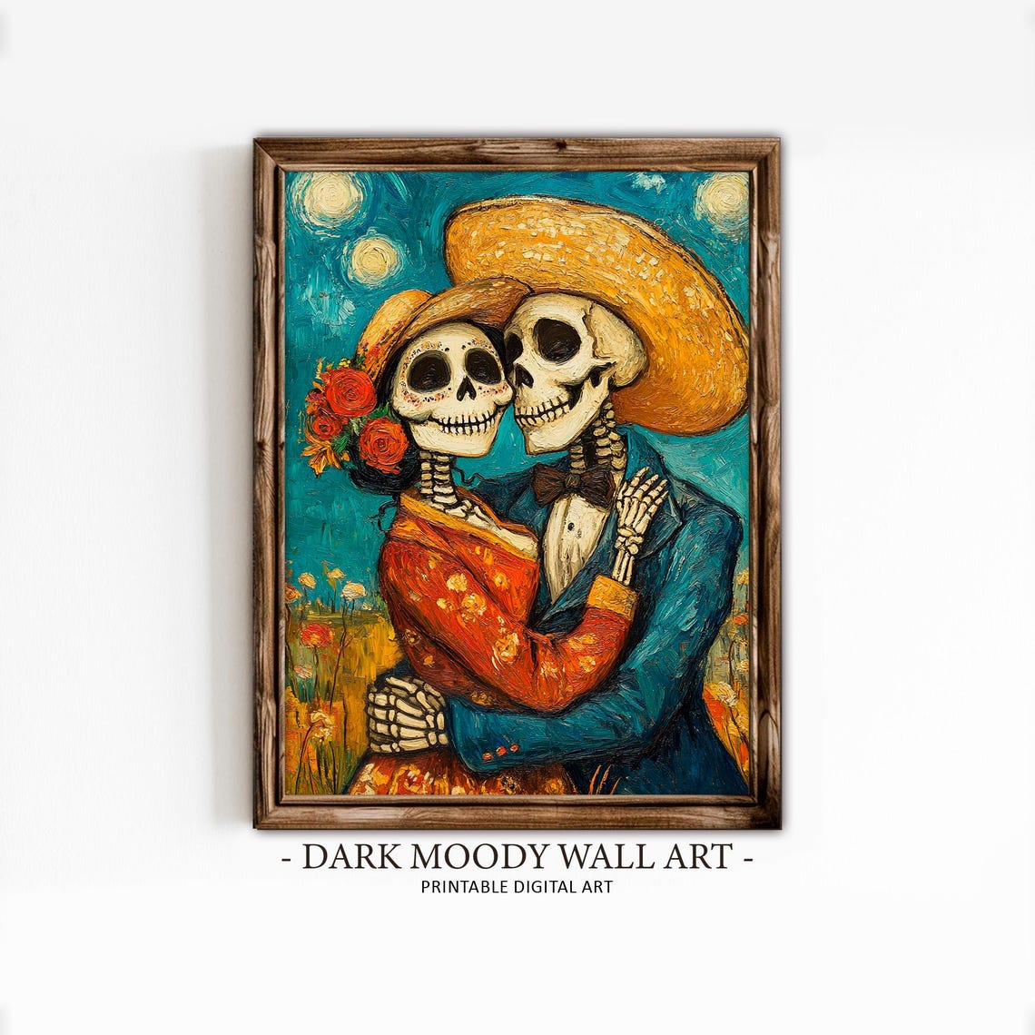Dia de los Muertos Skeleton Couple Starry Night Embrace Poster - Image 2