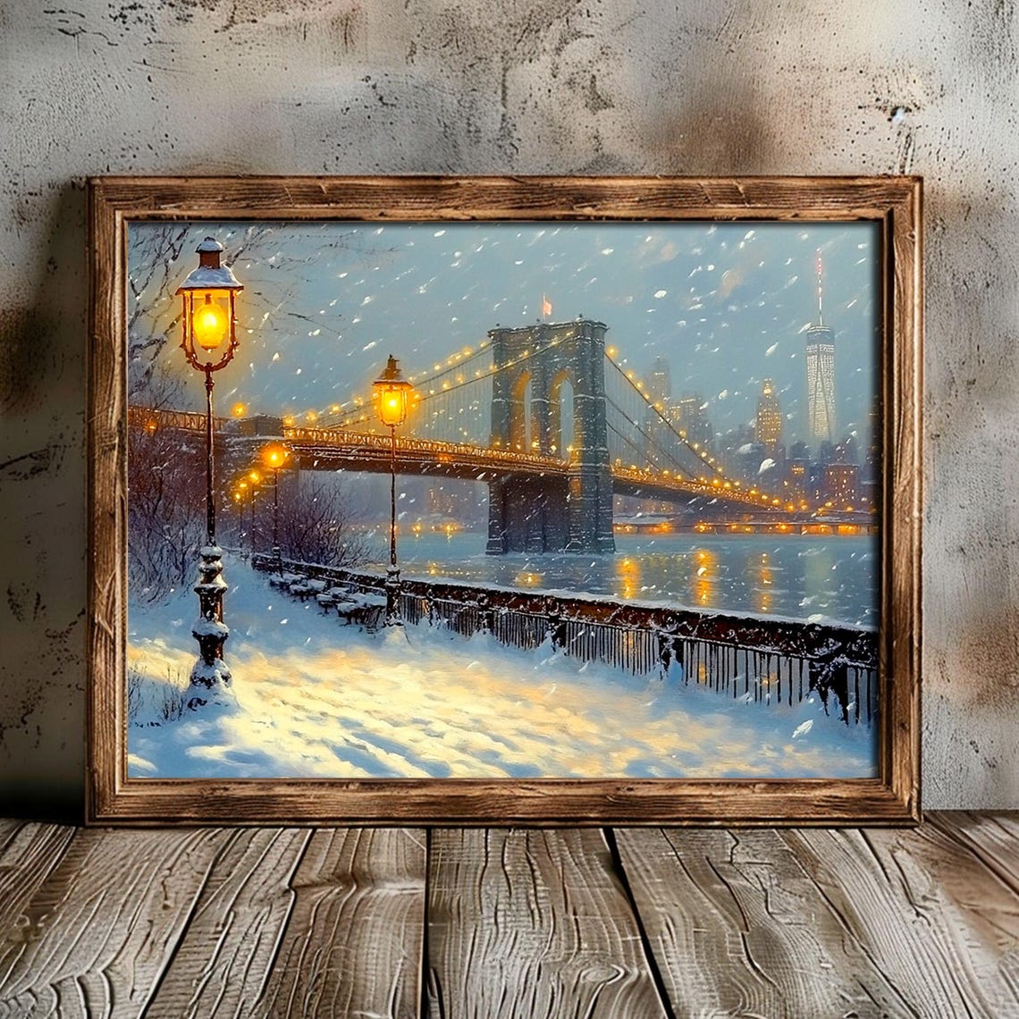 Brooklyn Bridge Snowy Riverside Promenade Winter Dawn Poster - Image 4