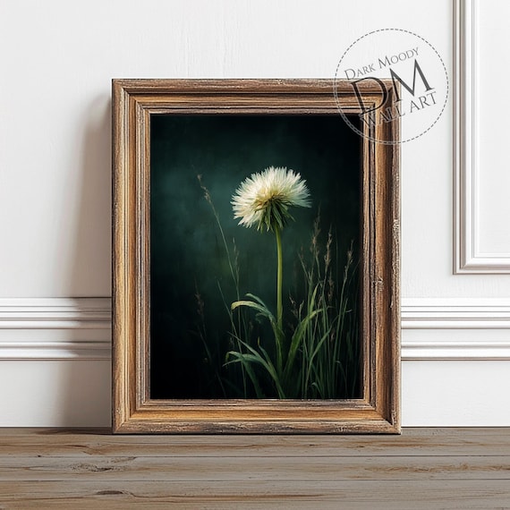 White Dandelion Moody Botanical Dark Green Nature Vintage Wall Art