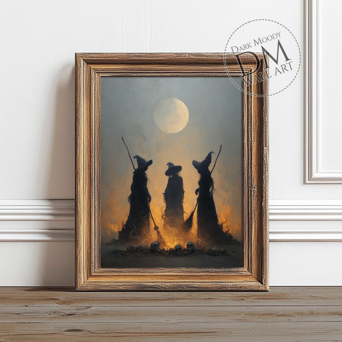 Three Witches Silhouettes Moonlit Night Flames Skulls Dark Gothic Poster