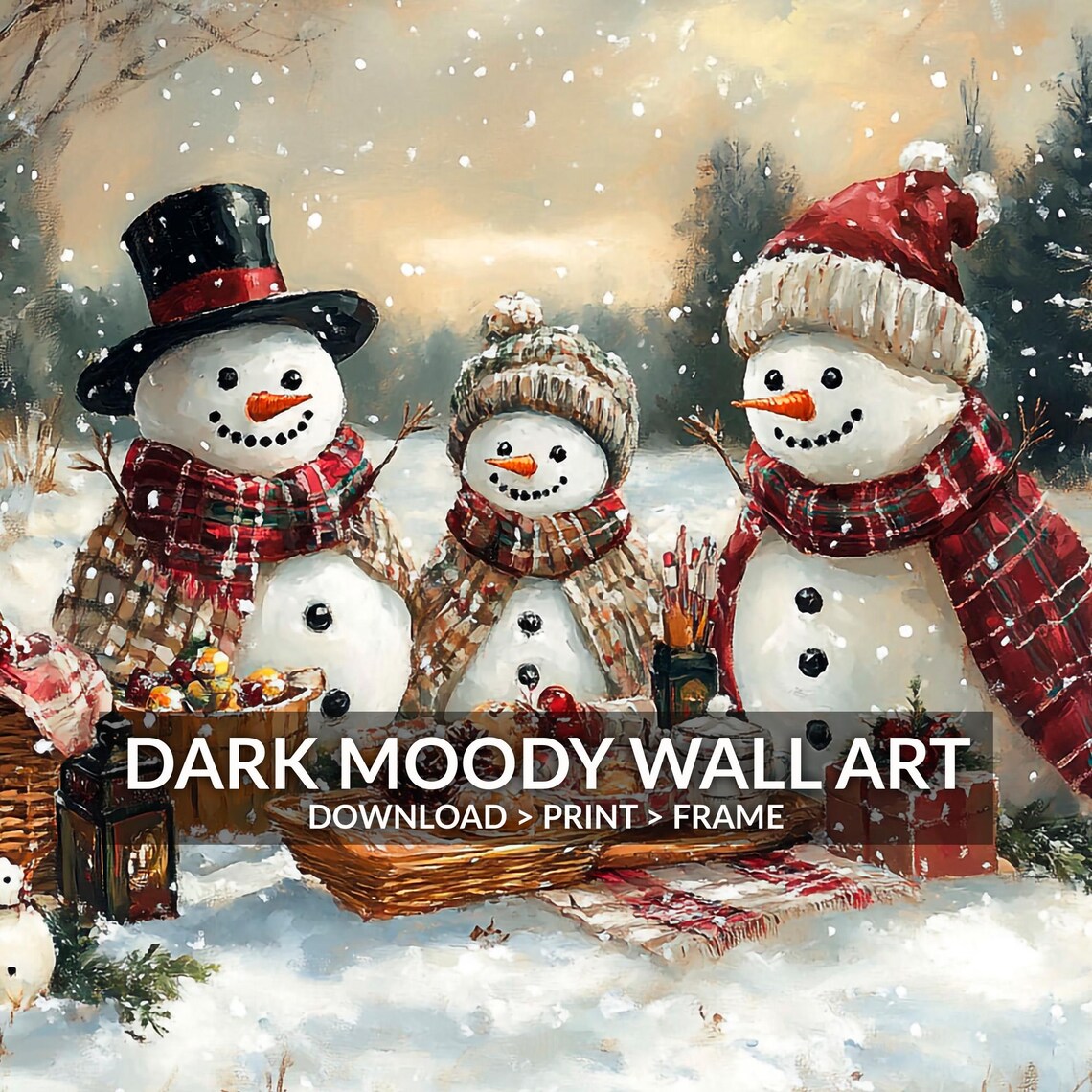 Snowman Family Winter Picnic Snowy Forest Christmas Scene Wall Art - Image 5