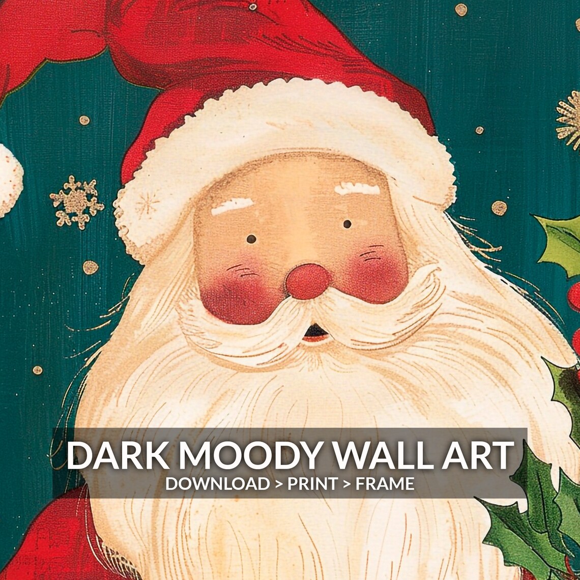 Cute Santa Holly Folk Art Christmas Painting Teal Background Poster - Image 2