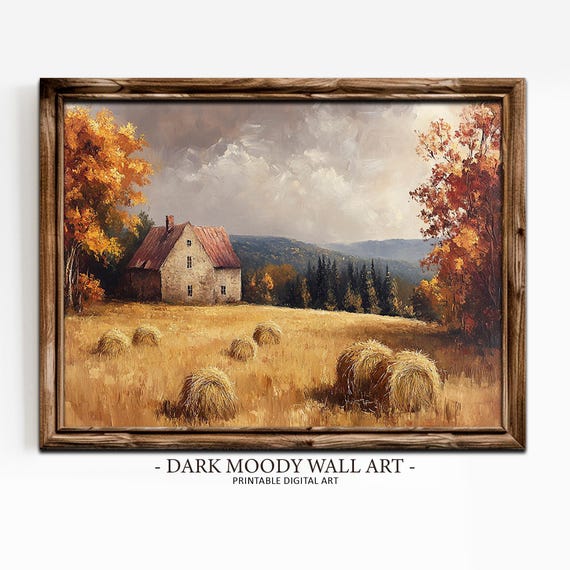 French Country House Fall Farm Landscape Painting Country Wall Decor Moody Cottagecore Print Farmhouse Wall Decor