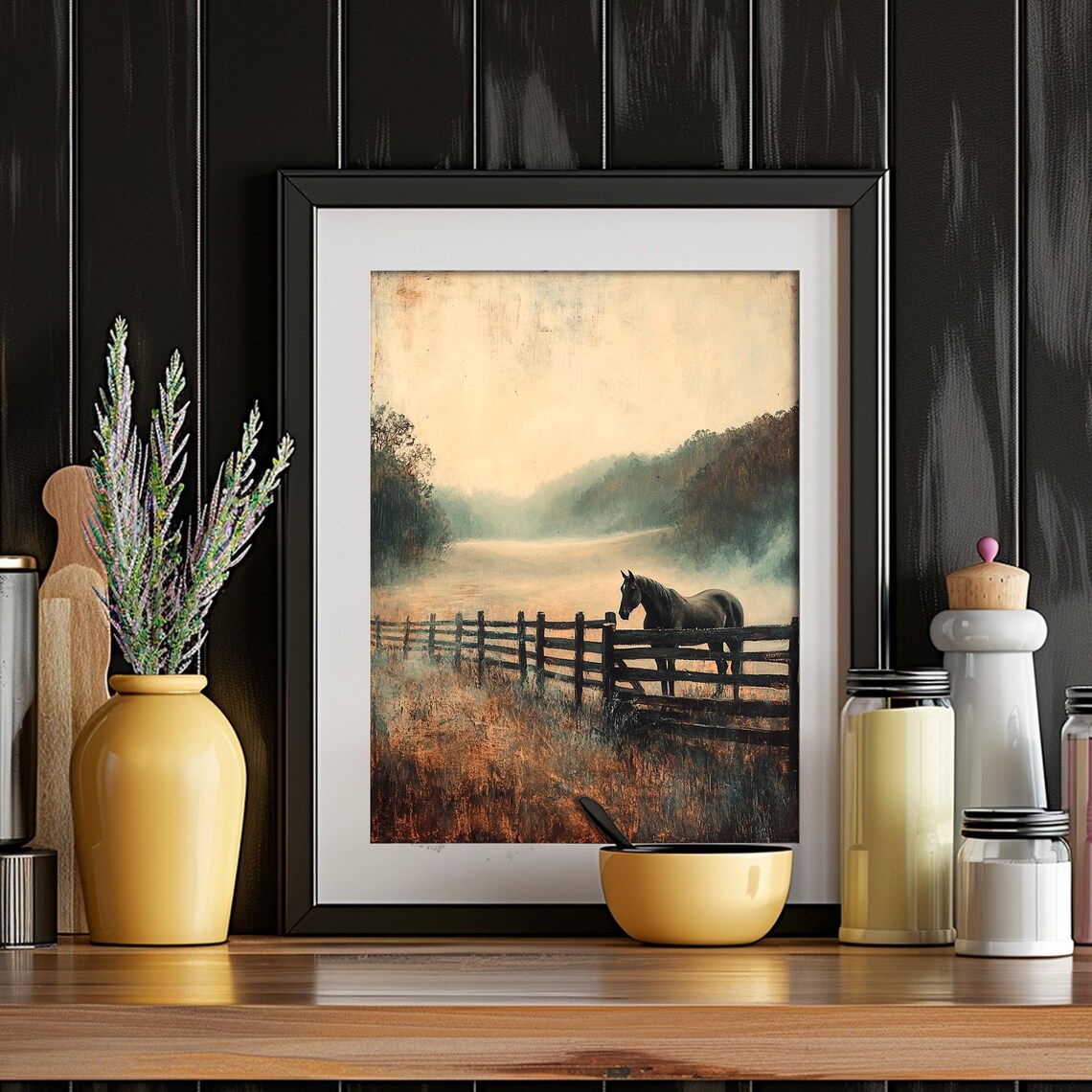 Black Horse Vintage Foggy Landscape Art Print - Image 6