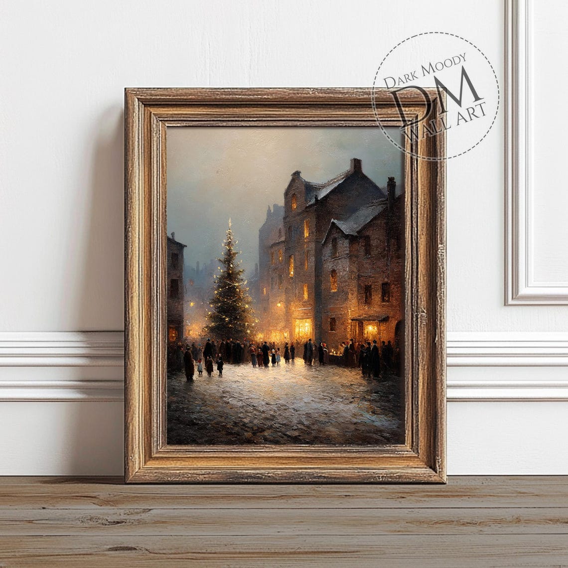 Old Town Cobblestone Street Christmas Tree Misty Evening Poster