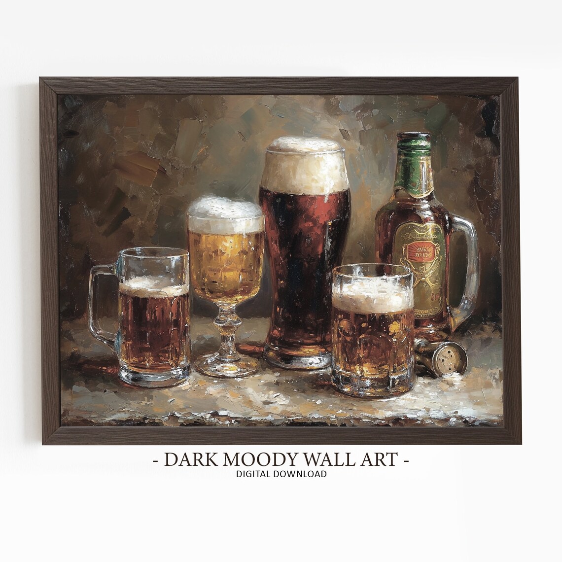 Assorted Beer Mugs And Bottle Rustic Still Life Oil Painting Poster