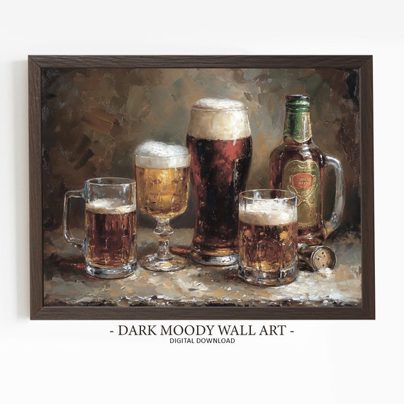Alcohol Print Beer And Whiskey Painting Dark Moody Irish Pub Art St Patricks Day Prints Bar Cart Irish Wall Decor