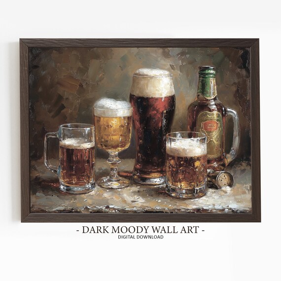 Assorted Beer Mugs And Bottle Rustic Still Life Oil Painting Poster