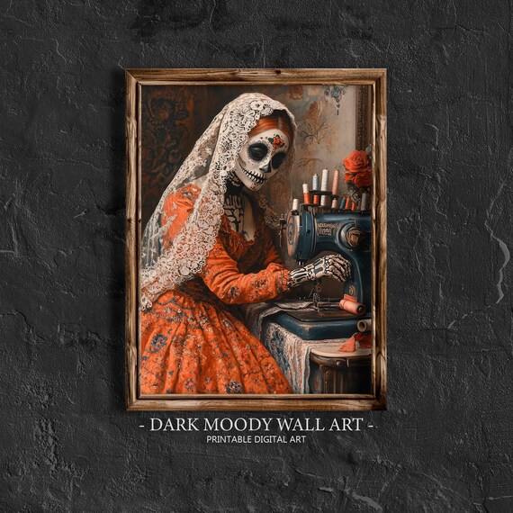 Day of the Dead Catrina Seamstress Sewing Machine Sugar Skull Portrait Poster