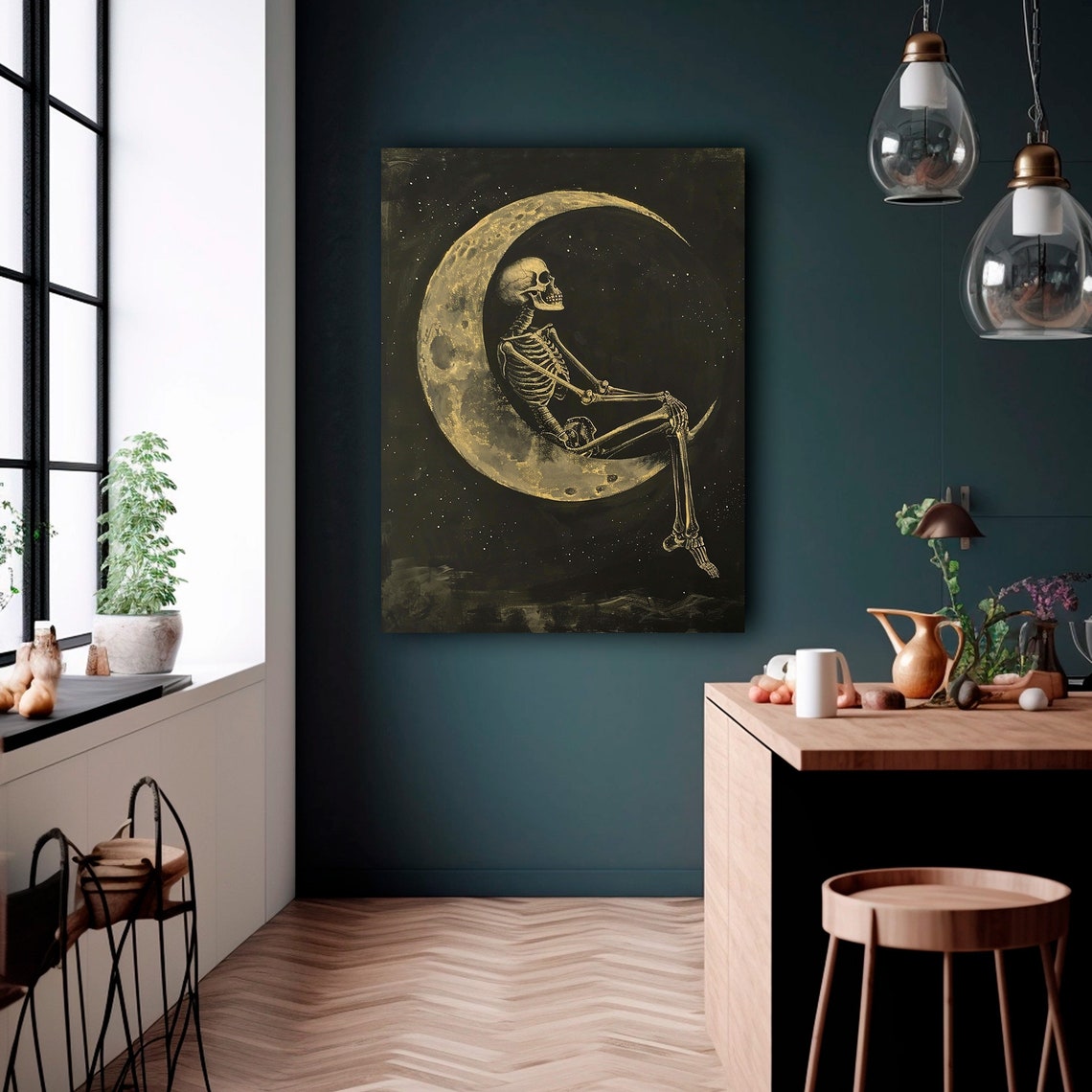 Skeleton Sitting Crescent Moon Gold Night Sky Halloween Art Poster - Image 2
