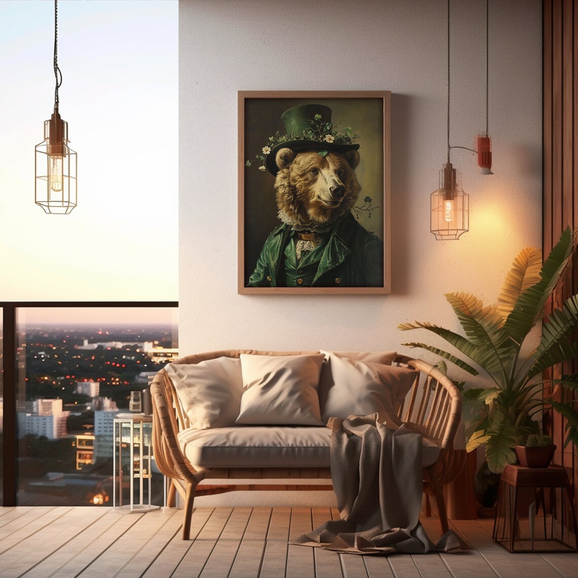 St Patricks Day Irish Bear Shamrock Art, Rustic Clover - Image 2