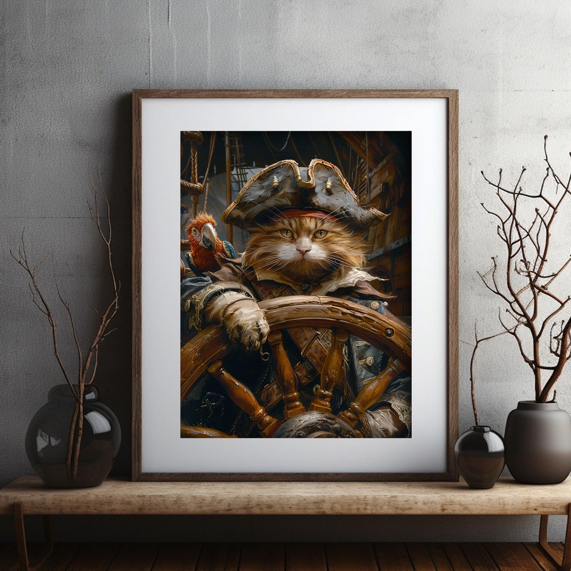 Cat Pirate Captain With Parrot Ship Wheel Fun Nautical Art Poster - Image 2