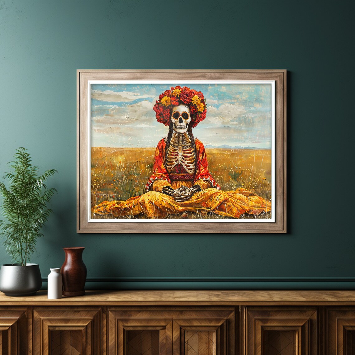 Catrina Skeleton Flower Crown Golden Field Day of Dead Poster - Image 6