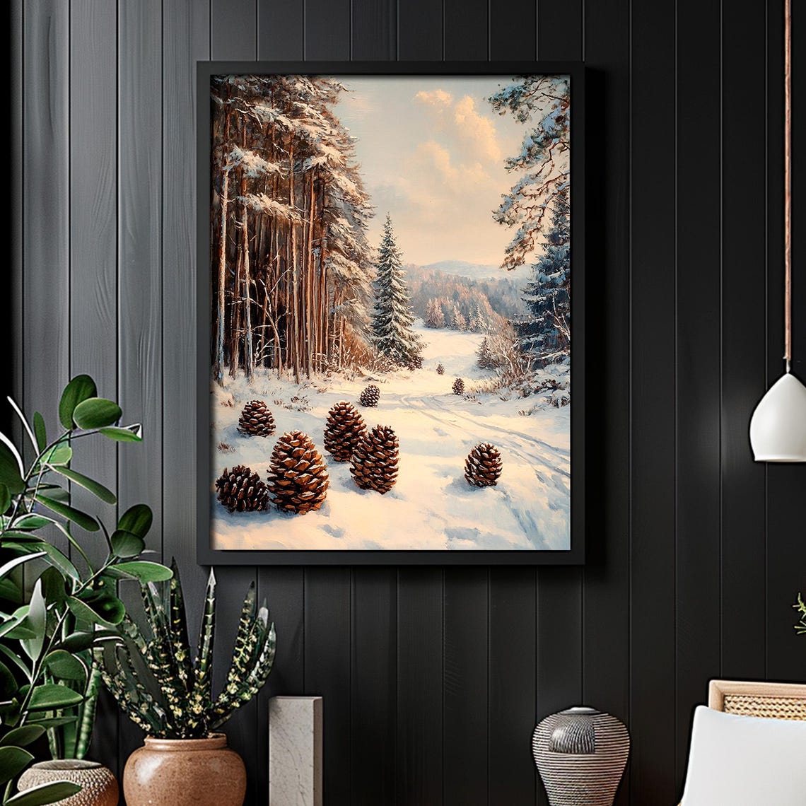 Snowy Pine Forest Winter Landscape Pinecones Moody Nature Poster - Image 2