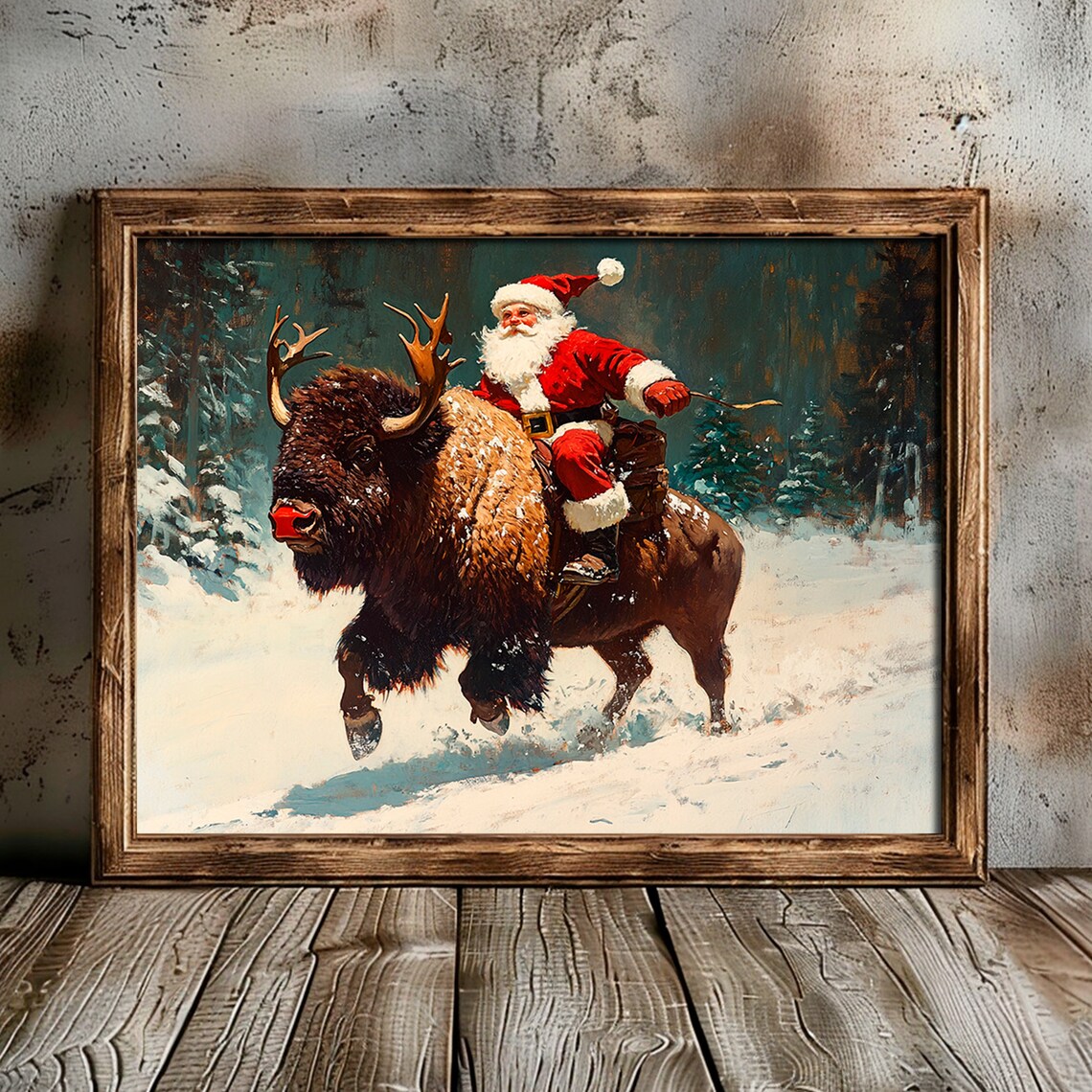 Santa Claus Riding a Buffalo Snowy Western Christmas Cowboy Poster - Image 4