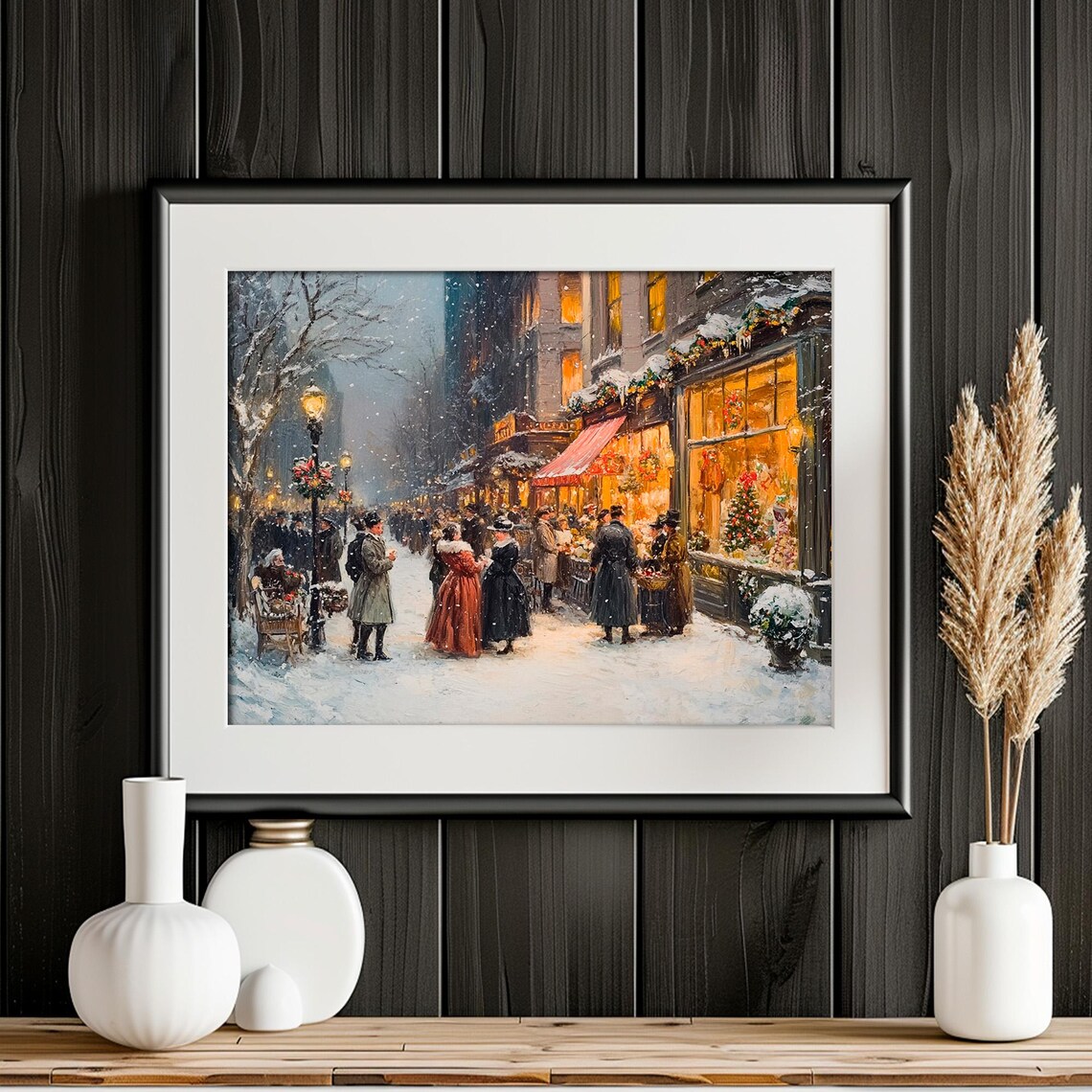 Snowy City Street At Christmas Crowd Vintage Holiday Shopping Wall Art - Image 4