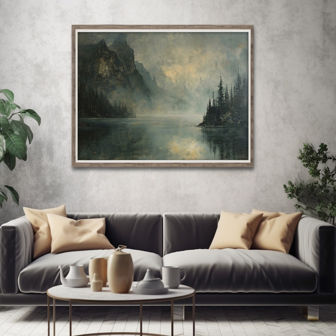Misty Mountain Lake Pine Forest Dawn Moody Landscape Wall Art - Image 5