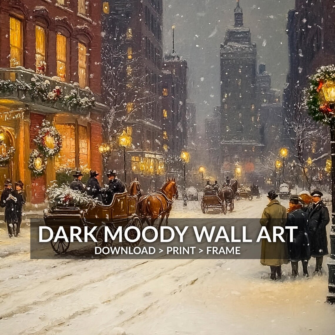 Victorian Horse Carriage Snowy Street Wreath Hotel Glow Poster - Image 6