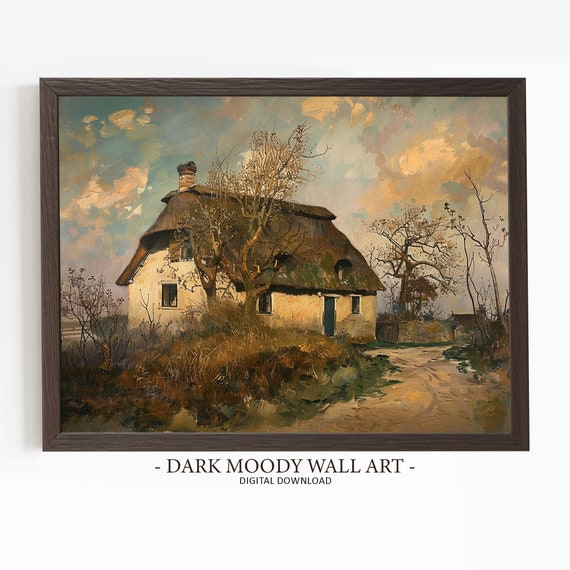 Irish Cottage Painting Dark Moody Art Wall Art Ireland Landscape Rustic Thatched Cottage Print