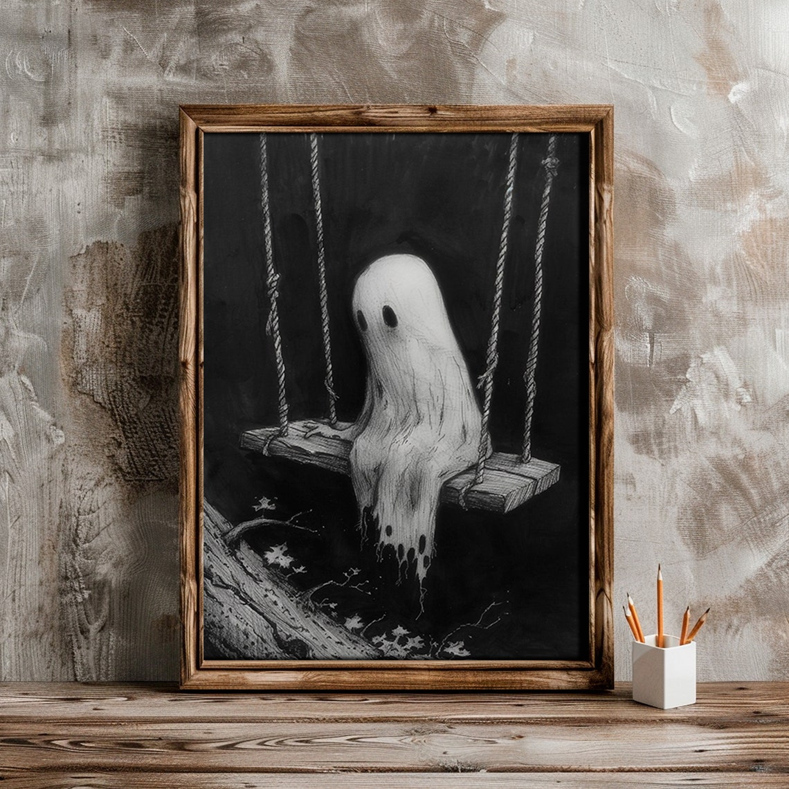 Lonely Ghost On Rope Swing Dark Monochrome Halloween Art Print - Image 4