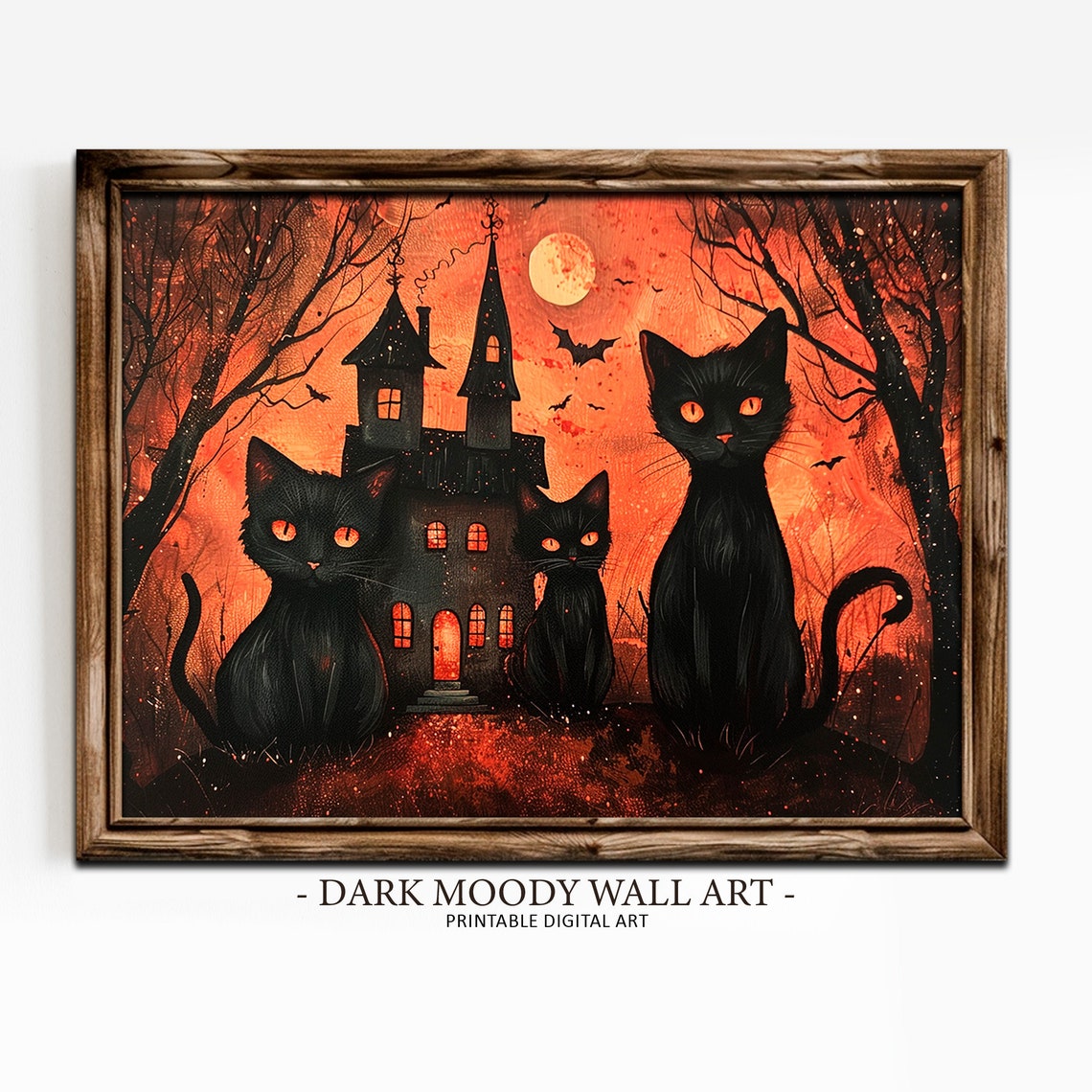 Three Black Cats Haunted House Spooky Halloween Night Scene Poster