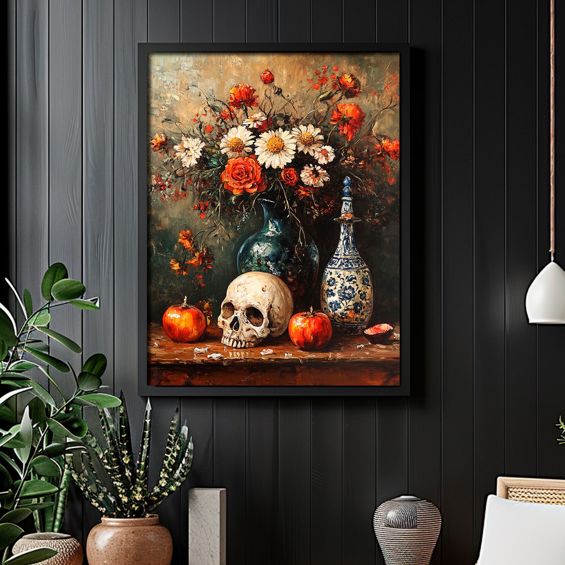 Gothic Skull Flower Still Life Vanitas Oil Painting Art Print - Image 6