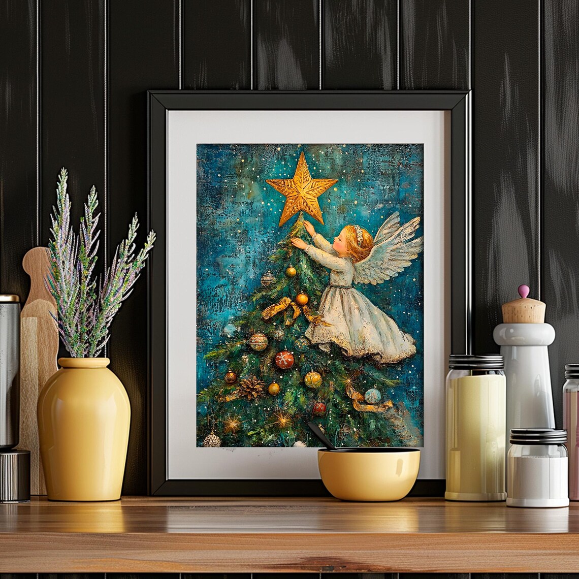 Little Angel Placing Star on Christmas Tree Vintage Holiday Art Poster - Image 4