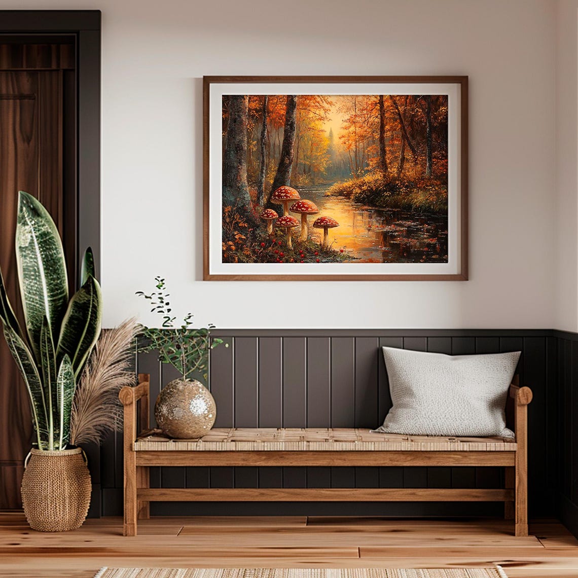 Fly Agaric Mushrooms Forest Stream Golden Autumn Painting Wall Art - Image 2