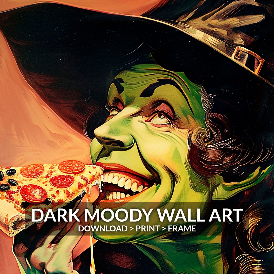 Green Witch Eating Pizza Slice Funny Retro Halloween Art Poster - Image 6