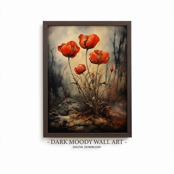 Poppy Painting Print Dark Academia Flower Print Moody Wall Art Botanical Floral Still Life