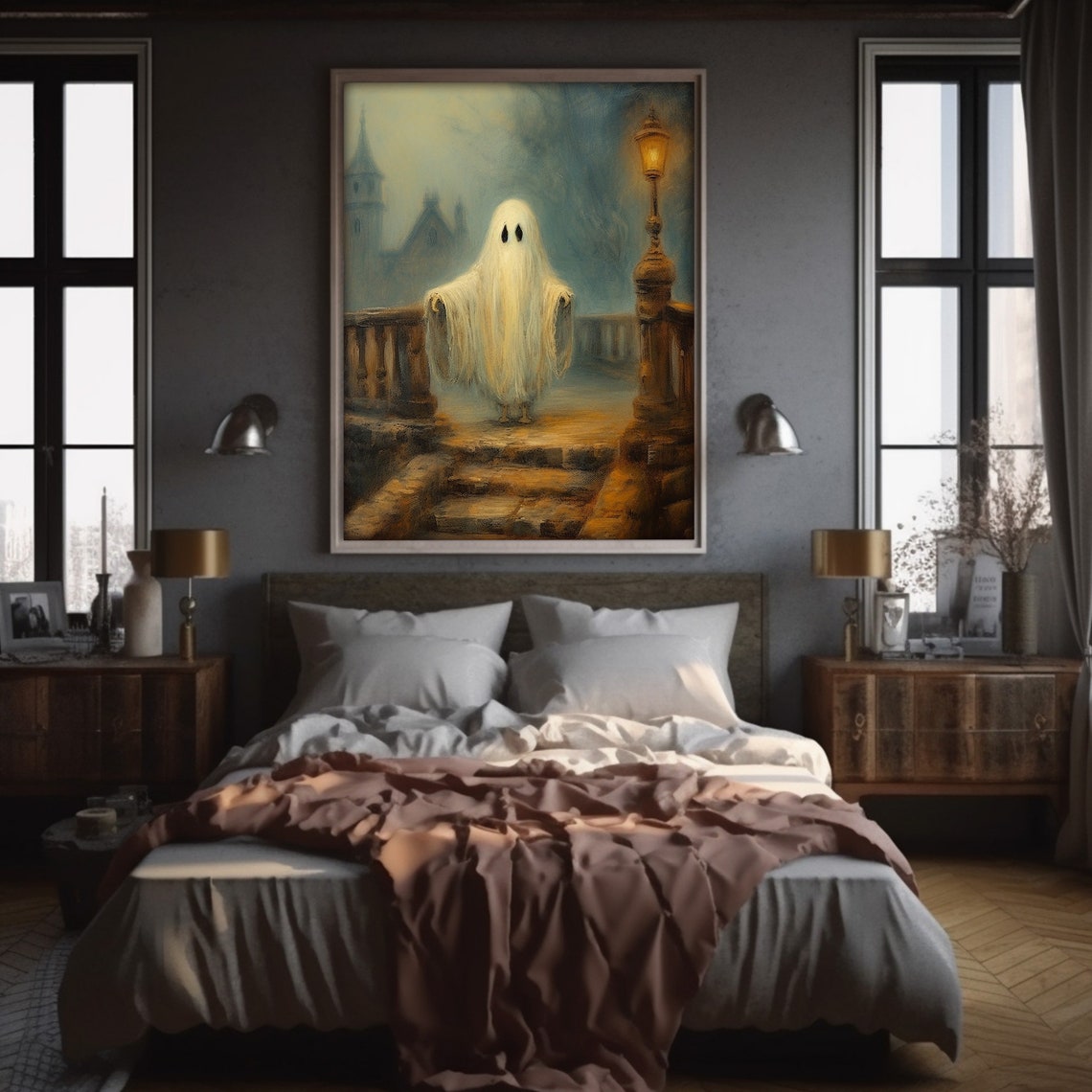 Cute Ghost Painting Moody Haunted Halloween Art Gothic Ghost On The Bridge Print Decor - Image 4