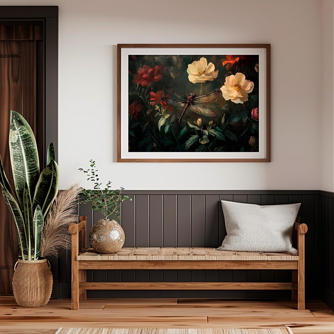 Vintage Dragonfly Resting Among Dark Garden Flowers Moody Wall Art - Image 2