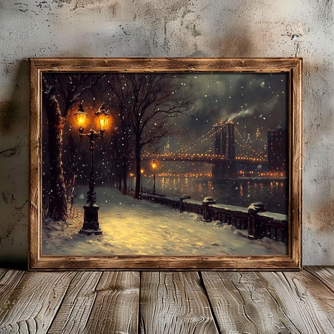 Snowy Park Path Vintage Lamppost Brooklyn Bridge Night Poster - Image 5