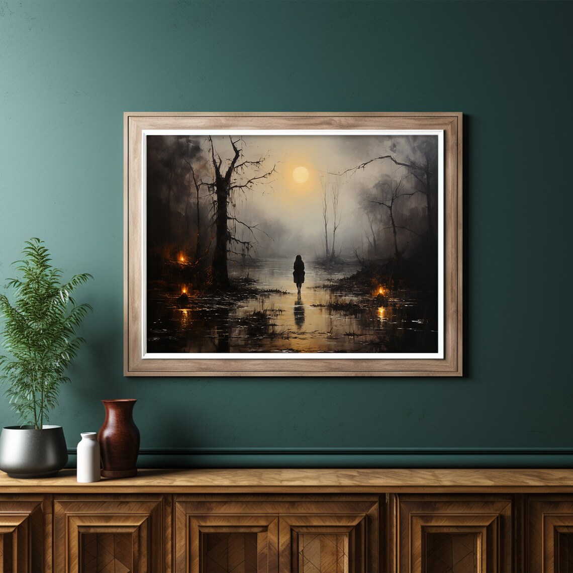 Lone Figure in a Moonlit Swamp Mist Dark Moody Landscape Art Poster - Image 6