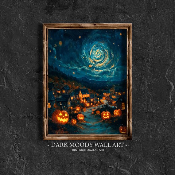 Halloween Village With Glowing Jack-o-Lanterns Under Swirling Night Sky Poster