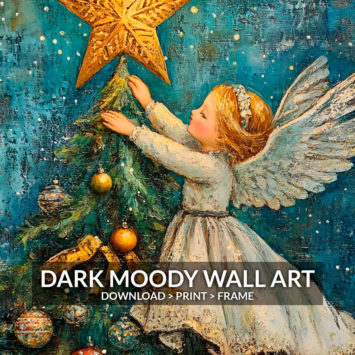 Little Angel Placing Star on Christmas Tree Vintage Holiday Art Poster - Image 6