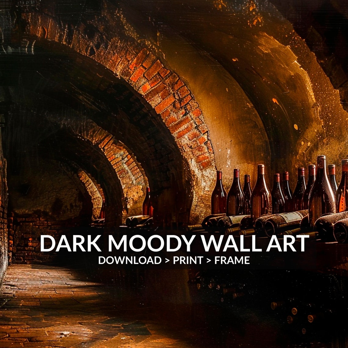 Wine Cellar Brick Arches Bottles Dark Moody Painting Vintage Poster - Image 2