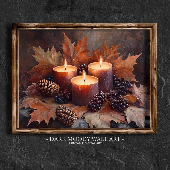 Three Glowing Candles With Autumn Leaves Pinecones Rustic Cozy Fall Poster